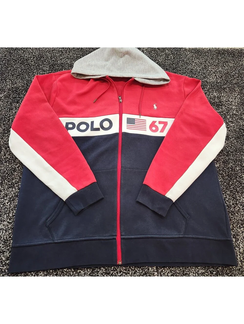 Polo Ralph Lauren Colorblock Hoodie Mens XLT Red Navy Full Zip Flag Shield Tech